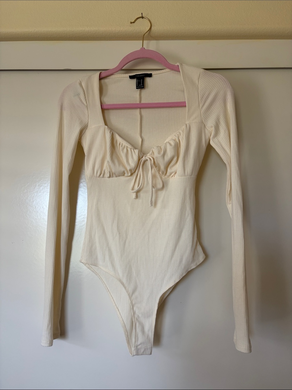 Forever 21 Cream Ribbed Tie-Front Long-Sleeve Bandeau Bodysuit